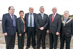 From left, John Hume, Nobel Laureate, Shauna McClenaghan, manager at Inishowen Development Partnership (IDP), Anthony Doogan, chairperson IDP, Jonathan Bell, MLA, office of the First Minister, NI Martin McGuinness, MLA, Deputy First Minister, NI Cllr Peter McLaughlin, Mayor of Buncrana.